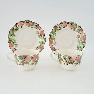 Vintage Nikko Precious Teacups & Saucers, 2 Sets, Red Poppy Flower Green Trim